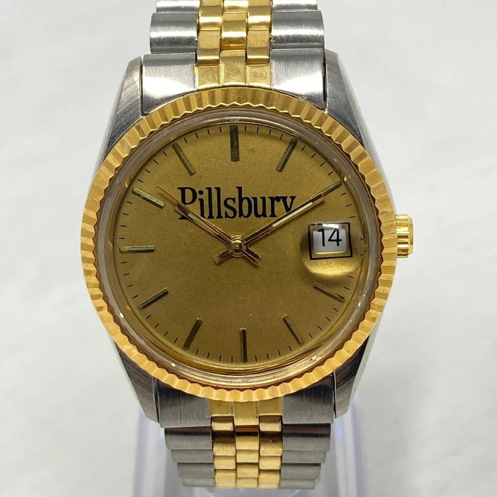 Pillsbury Watch Men 35mm Silver Gold Two Tone Date Bubble Round New Battery 7